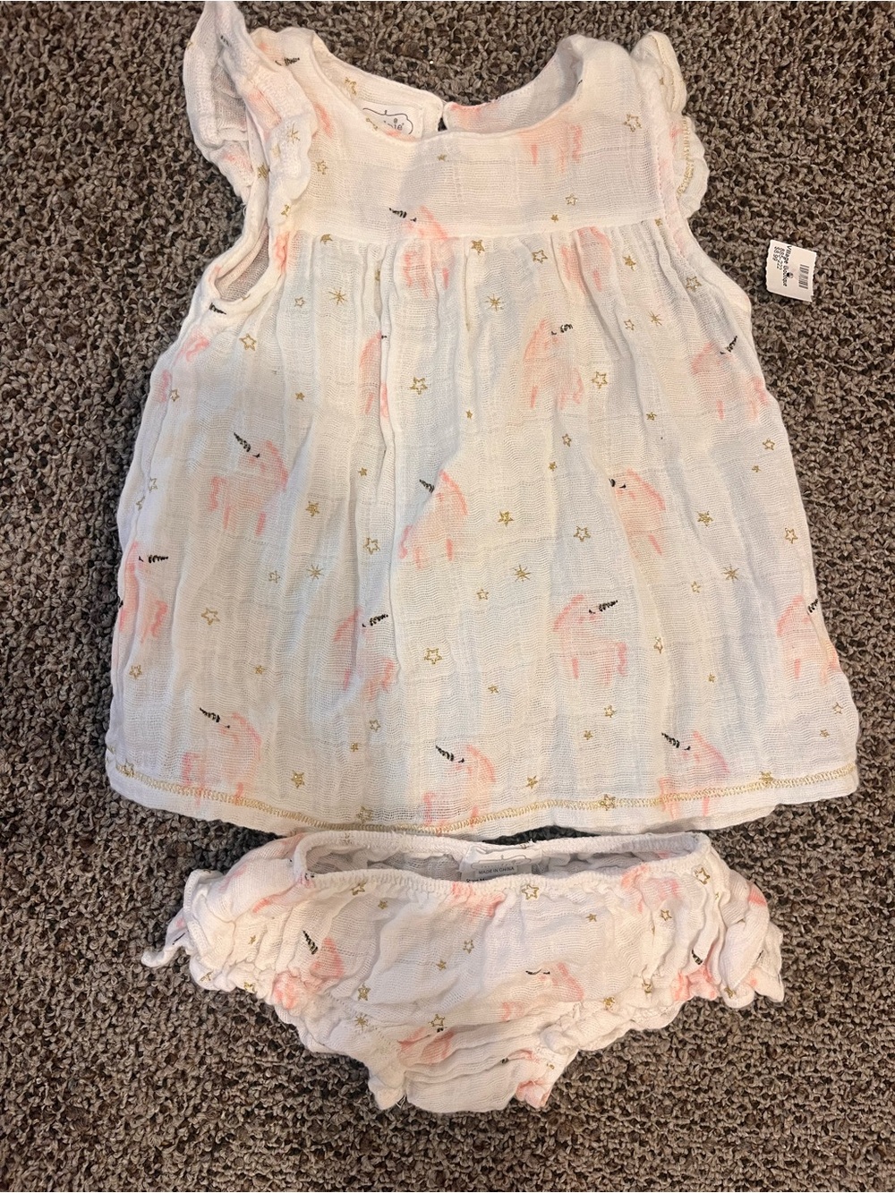 Mud Pie White Muslin Unicorn Dress with Pink Accents and Bloomers